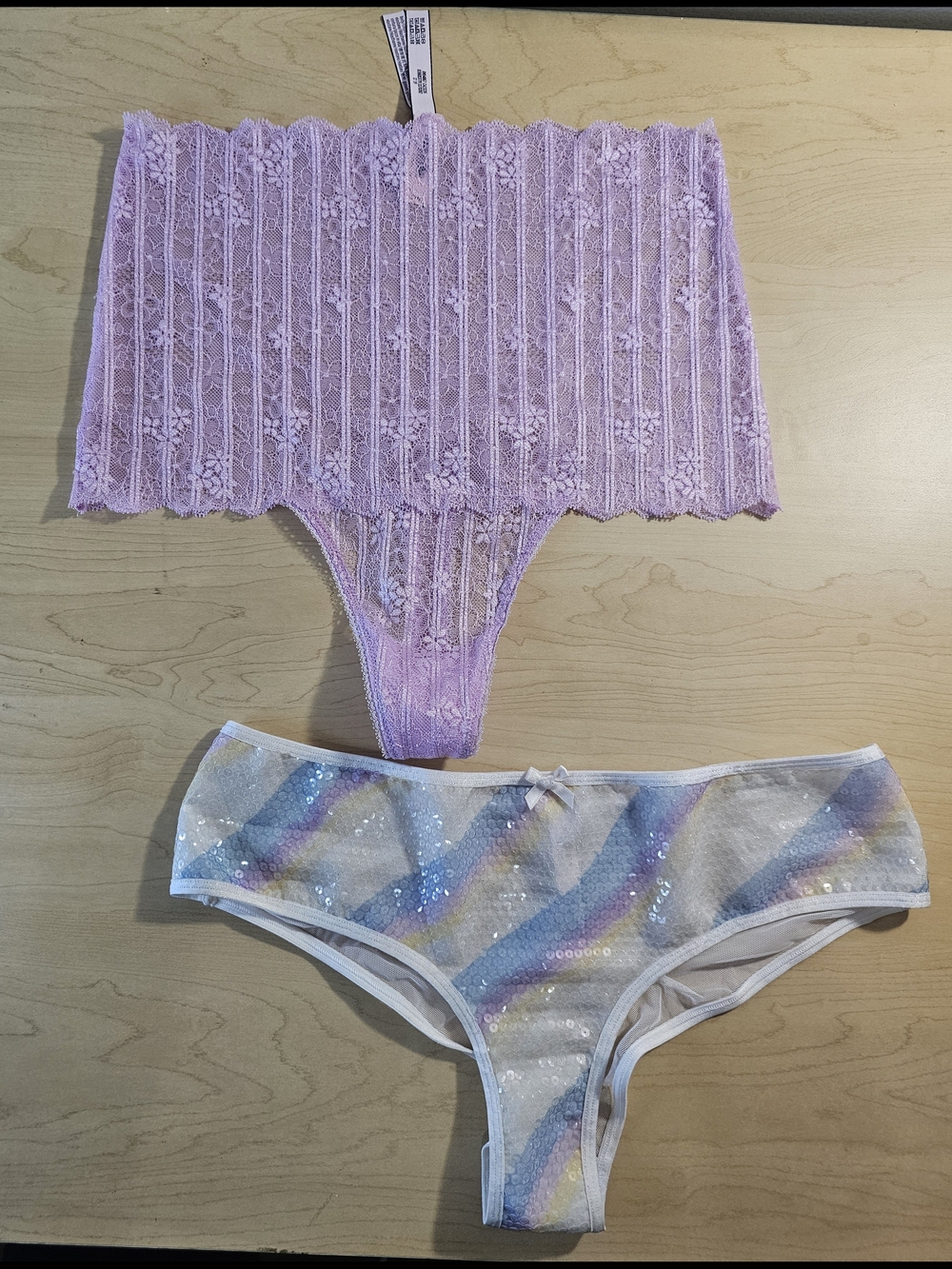 Victoria's Secret Lilac Lace Thong & Pastel Sequin Hipster Set